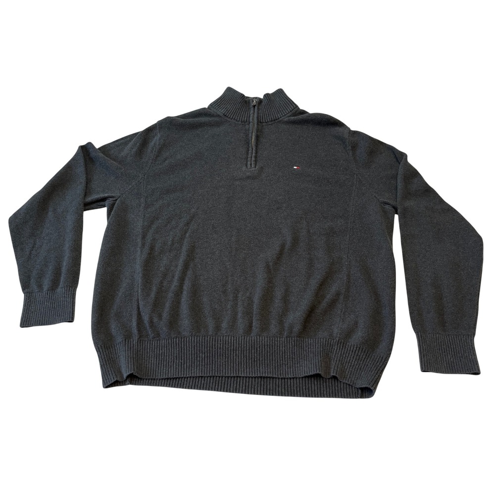 Tommy Hilfiger Men's Charcoal Gray 1/4 Zip Sweater Pullover XL‎ Cotton Blend